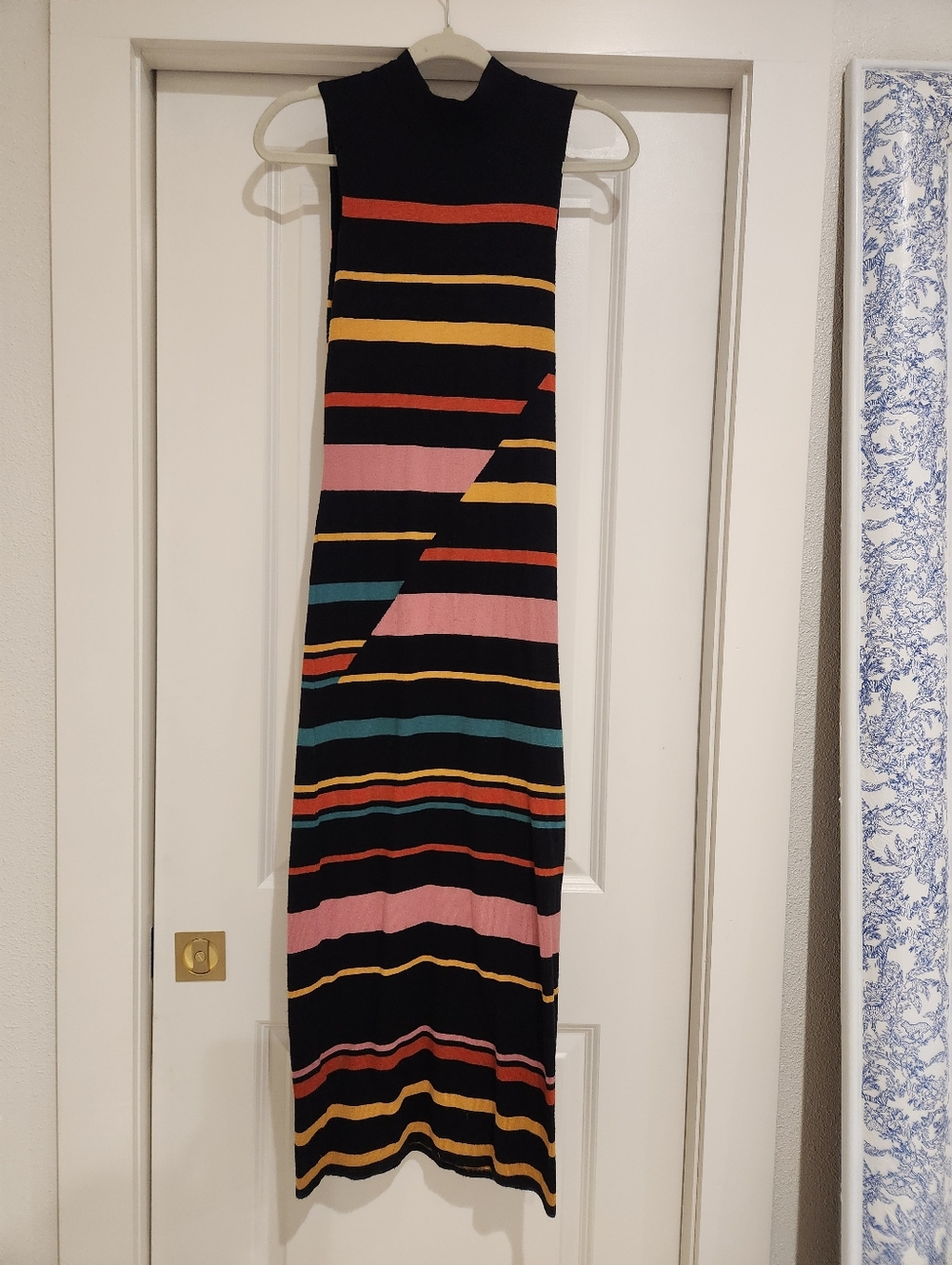 BCBGMaxAzria Black Soft Knit Maxi Dress with Multicolor Stripe Accents